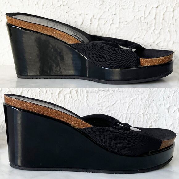 Donald J Pliner Black Slip On Wedge Sandal-Fabric & Patent Leather-Women's 7.5M - Picture 3 of 9